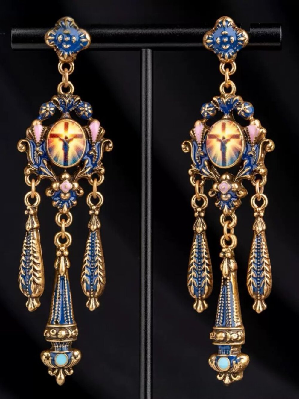Vintage Style Blue Enamel Cross Chandelier Earrings Gold Tone Statement Dangle